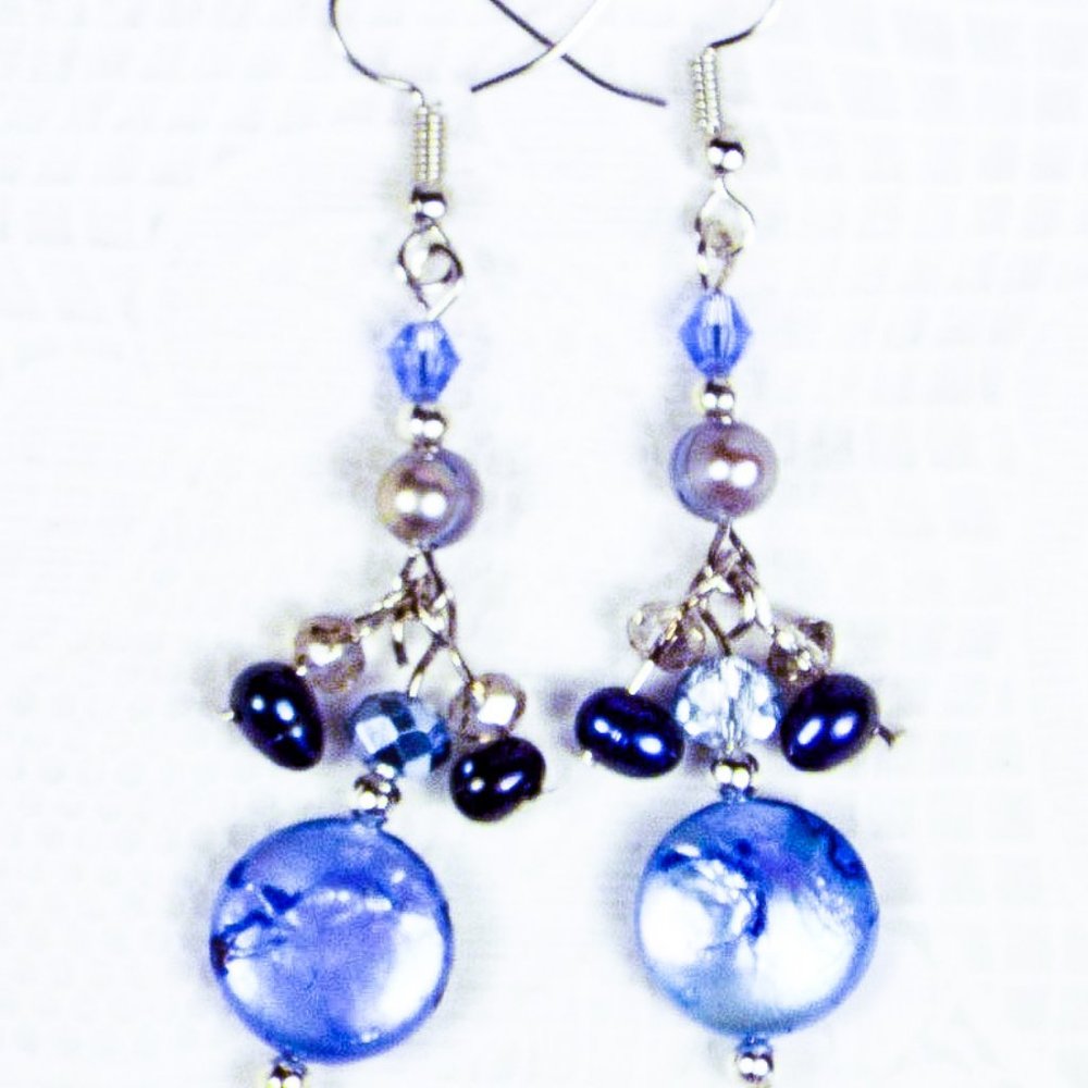 Cynthia Lynn "RIVER GEMS" Blue Freshwater Pearl Crystal Silver Earrings 2 inches